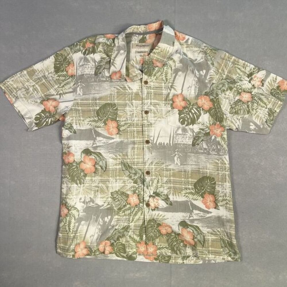 Tommy Bahama Hawaiian Shirt Men Large Floral‎ 100% Silk Short Sleeve